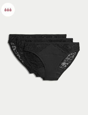 M&S Womens 3pk Heavy Absorbency Period Bikini Knickers - 20 - Black, Black
