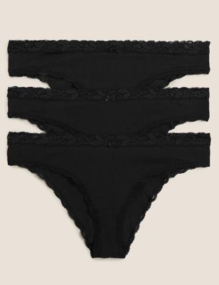 

Womens M&S Collection 3pk Cotton Rich & Lace Brazilian Knickers - Black, Black