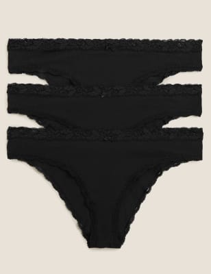 

Womens M&S Collection 3er-Pack Brazilian-Slips mit hohem Baumwollanteil und Spitze - Black, Black