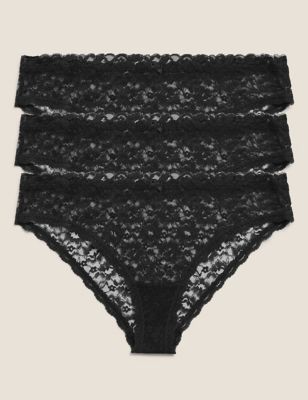 

Womens M&S Collection 3pk All Over Lace Brazilian Knickers - Black, Black