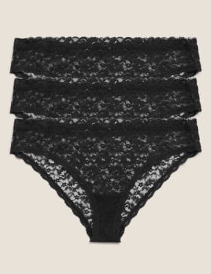 

Womens M&S Collection 3pk All Over Lace Brazilian Knickers - Black, Black