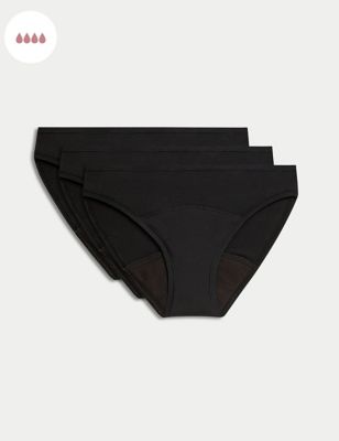 M&S Women's 3pk Heavy Absorbency Period Bikini Knickers - 4 - Black, Black