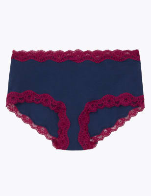 Shorty taille haute en coton &agrave; bordures en dentelle