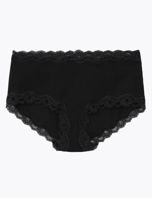 Shorty taille haute en coton à bordures en dentelle - Black