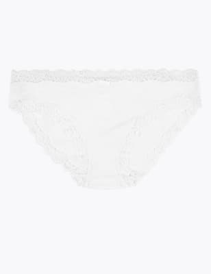 Culotte bikini en coton &agrave; bordures en dentelle