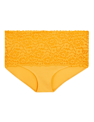 

Womens M&S Collection Hoch geschnittene Shorts mit Spitze aus Baumwollmischung - Buttercup, Buttercup