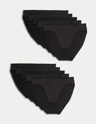M&S Womens 10pk Microfibre High Rise High Leg Knickers - 16 - Black, Black