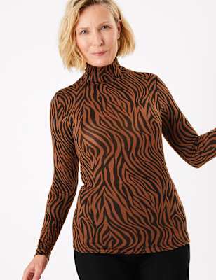 Heatgen&trade; Animal Print Polo Neck Thermal Top