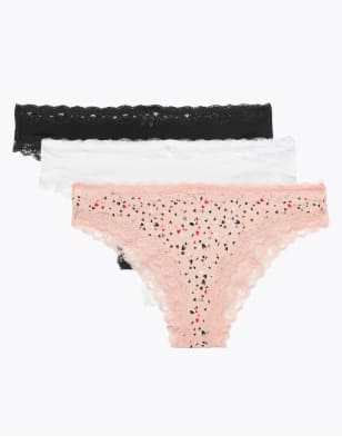 3pk Cotton Rich & Lace Brazilian Knickers