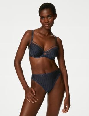 Mesh Striped Wired Plunge Bra A-E