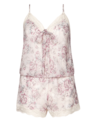 Printed Silk Chiffon Teddy with French Designed Rose Lace | Rosie for ...