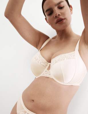 Rosie Womens Silk & Lace Wired Balcony Bra (F-H) - 30GG - Pale Opaline, Pale Opaline,Black