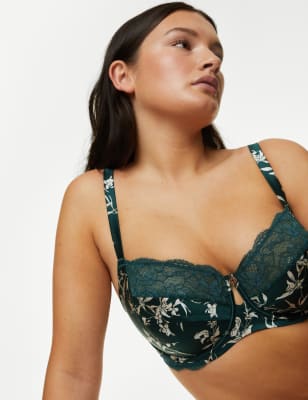 

Womens Rosie Cassia Silk & Lace Wired Balcony Bra F-H - Green Mix, Green Mix