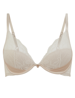 

Womens ROSIE Silk & Lace Padded Plunge Bra A-G - Pale Opaline, Pale Opaline