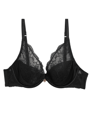 Rosie Womens Silk & Lace Padded Plunge Bra A-G - 30DD - Black, Black,Pale Opaline