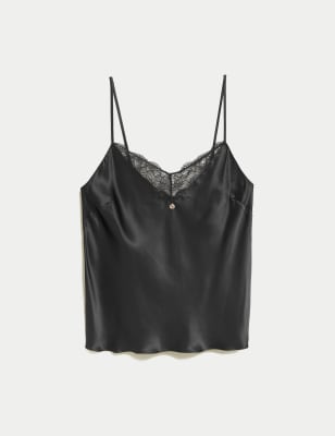 Lace Trim Satin Cami in Black