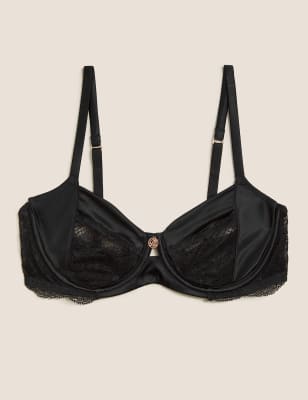 

Womens ROSIE Silk & Lace Trim Non-Padded Balcony Bra B-G - Black, Black