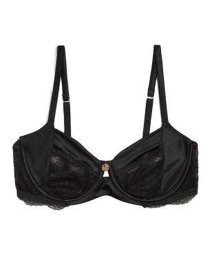 

Womens ROSIE Silk & Lace Trim Non-Padded Balcony Bra B-G - Black, Black