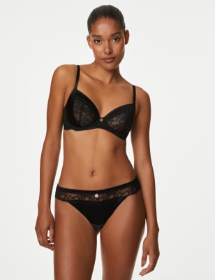 Marks And Spencer Womens Rosie Silk & Lace Thong - Black, Black