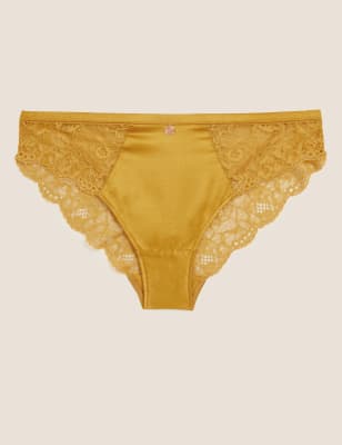 Womens ROSIE Tanga en dentelle et soie - Ochre