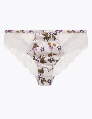 Tanga en dentelle et soie &agrave; imprim&eacute; fleuri