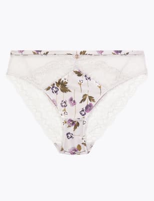 Culotte &eacute;chancr&eacute;e en dentelle et soie &agrave; imprim&eacute; pens&eacute;es