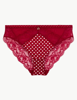 Culotte &eacute;chancr&eacute;e en dentelle et soie &agrave; pois