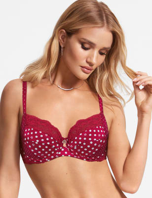 Soutien-gorge non ampliforme en dentelle et soie &agrave; balconnet et motif pois