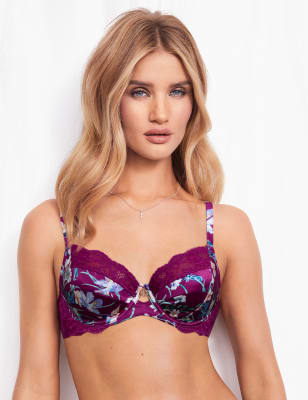 Soutien-gorge non ampliforme en dentelle et soie &agrave; balconnet et motif fleuri, bonnets&nbsp;B&nbsp;&agrave;&nbsp;I