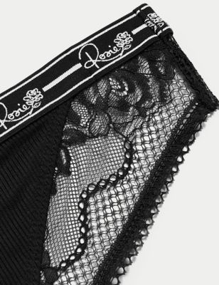 Rosie Womens Ribbed High Leg Lounge Knickers - 8 - Black, Black,White