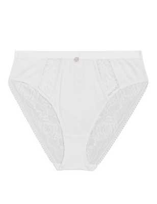

Womens ROSIE Hoch geschnittener Slip mit hoch ausgeschnittenem Bein, Rippenmuster und Spitze - White, White