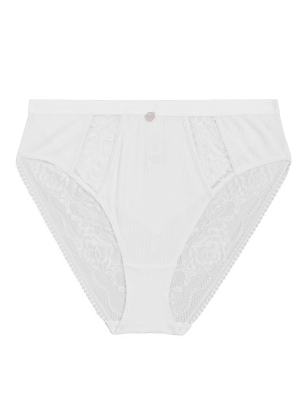 

Womens ROSIE Ribbed Lace High Waisted High Leg Knickers - White, White