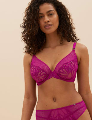  Soutien-gorge plongeant à armatures et motif brodé bonnets G à K, nouveau modèle - Cerise