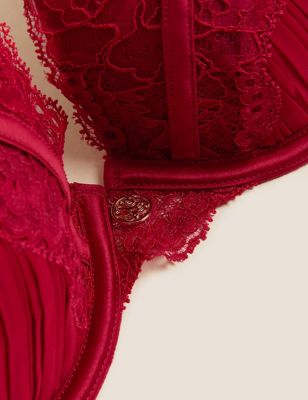 Rosie Womens Pleat & Lace Padded Plunge Bra A-E - 30A - Red, Red