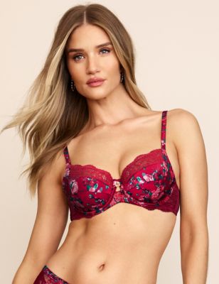 

Womens ROSIE Rose Print Silk Underwired Balcony Bra A-E - Red Mix, Red Mix