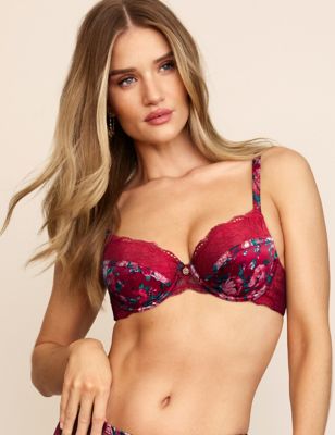 

Womens ROSIE Rose Print Silk Padded Full Cup Bra A-E - Red Mix, Red Mix