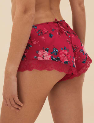 100% Silk High Waisted French Knickers. Red With Grey French Lace