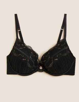 Rosie Womens Pleat & Lace Wired Plunge Bra A-E - 30A - Black Mix, Black Mix