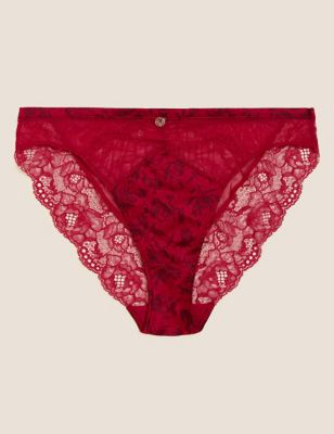 100% Silk High Waisted French Knickers. Red With Grey French Lace