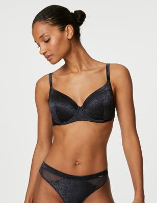 ASOS DESIGN satin and mesh minimal bra with gold rings in black