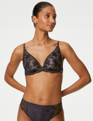 Mesh Striped Wired Plunge Bra A-E