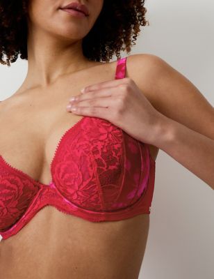 Rosie Womens Peony Silk & Lace Wired Plunge Bra (F-H) - 32G - Red Mix, Red Mix