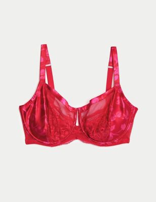 

Womens Rosie Peony Silk & Lace Wired Minimiser Bra (C-G) - Red Mix, Red Mix