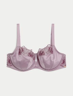 Non Padded Wired Rose Embroidery Lace Satin Finish Balconette Bra