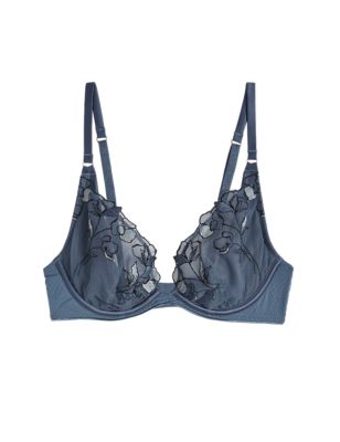 Rosie Womens Iris Embroidery Wired Plunge Bra A-E - 30E - Air Force Blue, Air Force Blue,Powder Pink