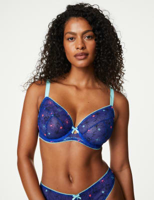 

Womens Boutique Carissa Mesh Embroidery Wired Plunge Bra F-H - Blue Mix, Blue Mix