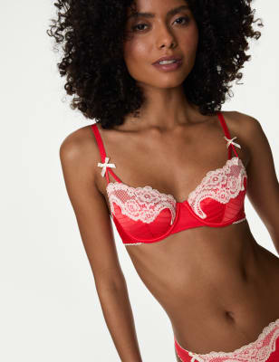 Boutique Women's Alannah Satin & Lace Wired Balcony Bra (A-E) - 30B - Bright Red, Bright Red