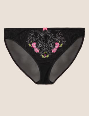 Womens Boutique Culotte échancrée à détail fleuri brodé effet tatouage - Black Mix