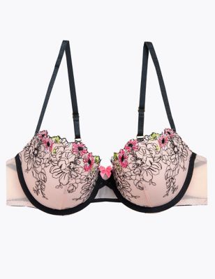 Floral Tattoo Embroidered Push Up Bra A-DD