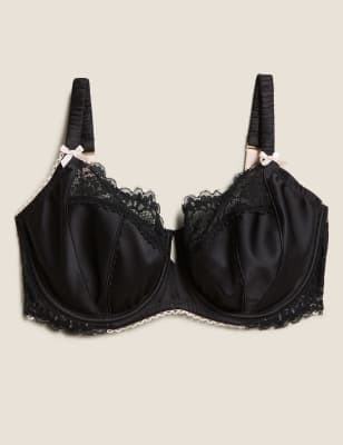 

Womens Boutique Satin Lace Trim Minimiser Bra C-G - Black, Black